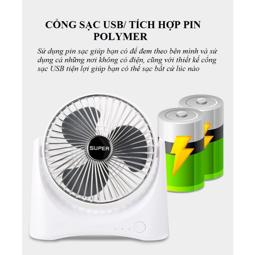 Quạt Tích Điện Để Bàn Nhỏ Gọn 3 Chế Độ Gió Chân Sạc USB Tiện Lợi