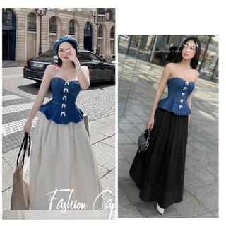 Set áo ống cup đính nơ + chân váy maxi dài