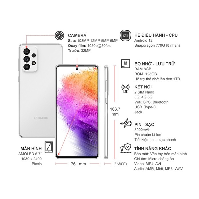 Điện thoại Samsung Galaxy A73 5G  - Hàng Chính Hãng - Không Hỗ Trợ Đồng Kiểm