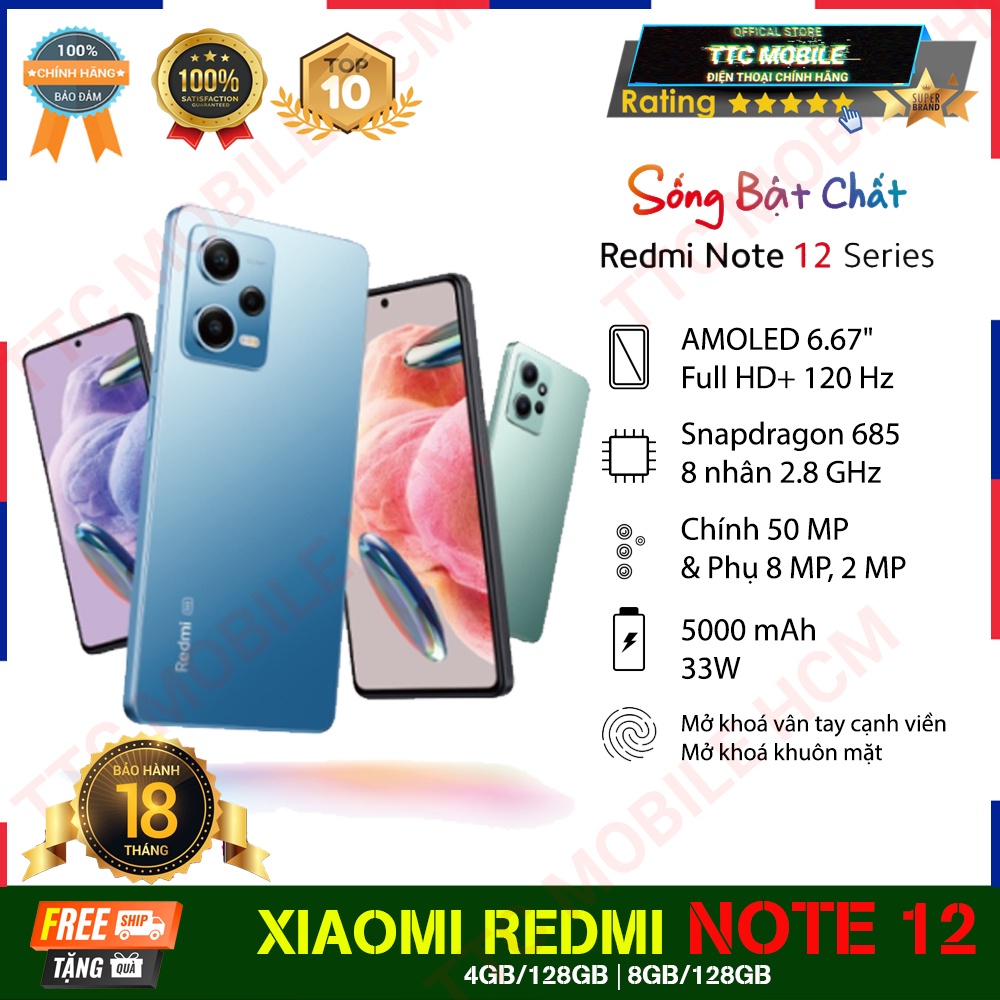 Điện thoại Xiaomi Redmi Note 12  - Hàng Chính Hãng - 3 Camera Siêu Đẹp - Sạc Nhanh 33W | 5000 mAh