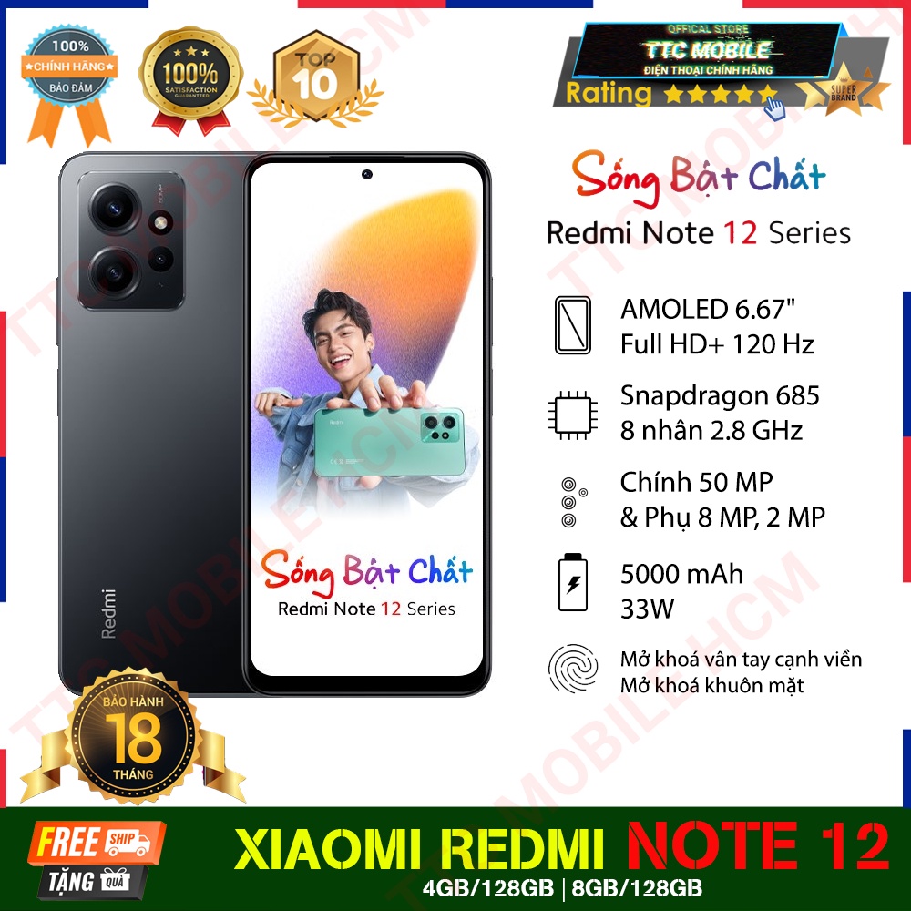 Điện thoại Xiaomi Redmi Note 12  - Hàng Chính Hãng - 3 Camera Siêu Đẹp - Sạc Nhanh 33W | 5000 mAh