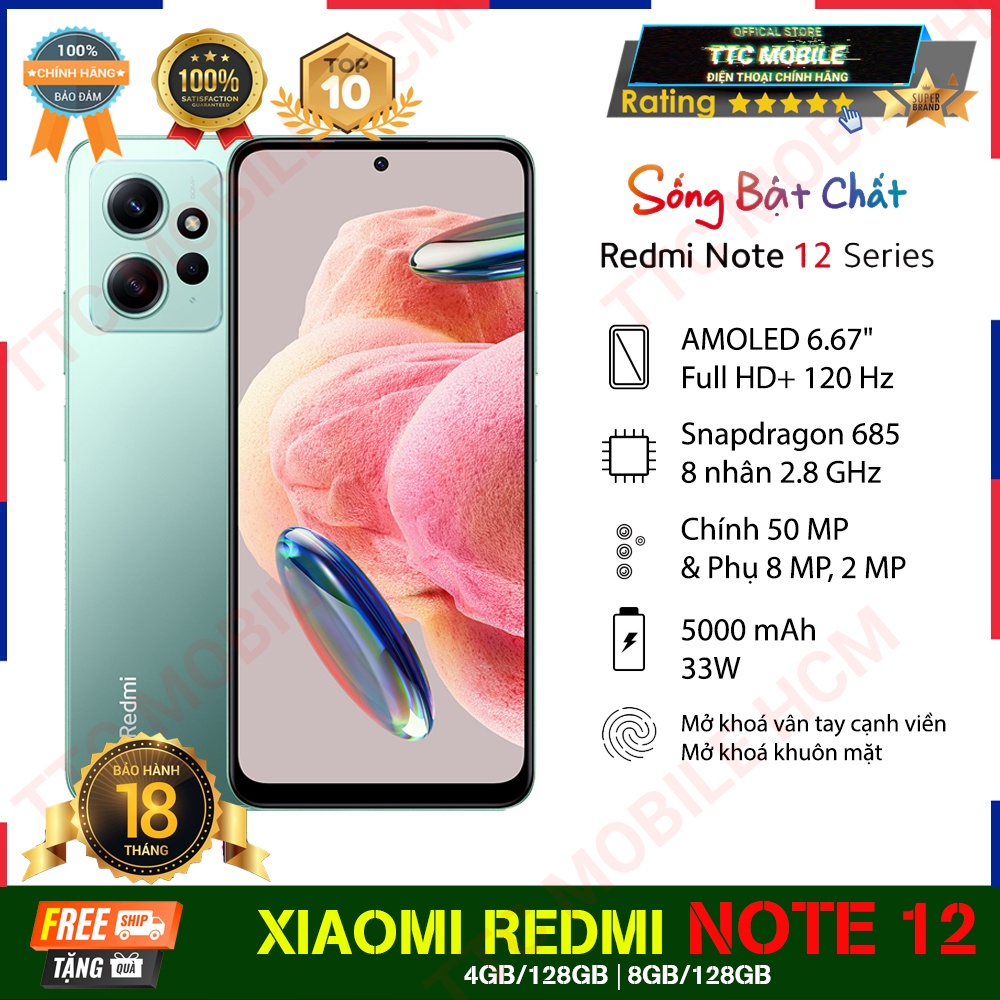 Điện thoại Xiaomi Redmi Note 12  - Hàng Chính Hãng - 3 Camera Siêu Đẹp - Sạc Nhanh 33W | 5000 mAh