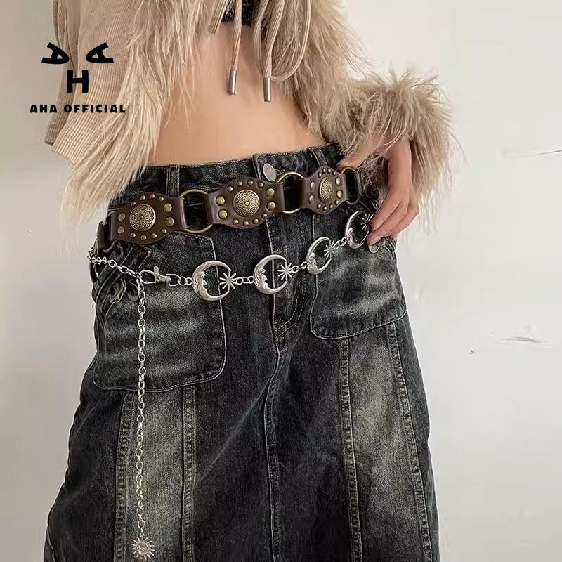 Thắt Lưng Màu Nâu Đính Đinh Tán Phong Cách retro Mỹ 2023 Mới