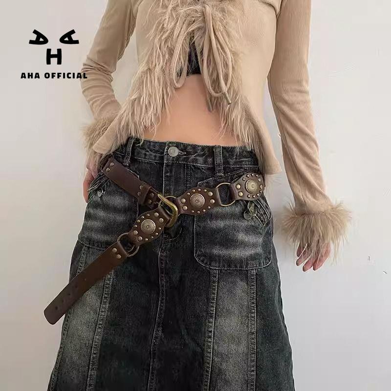 Thắt Lưng Màu Nâu Đính Đinh Tán Phong Cách retro Mỹ 2023 Mới