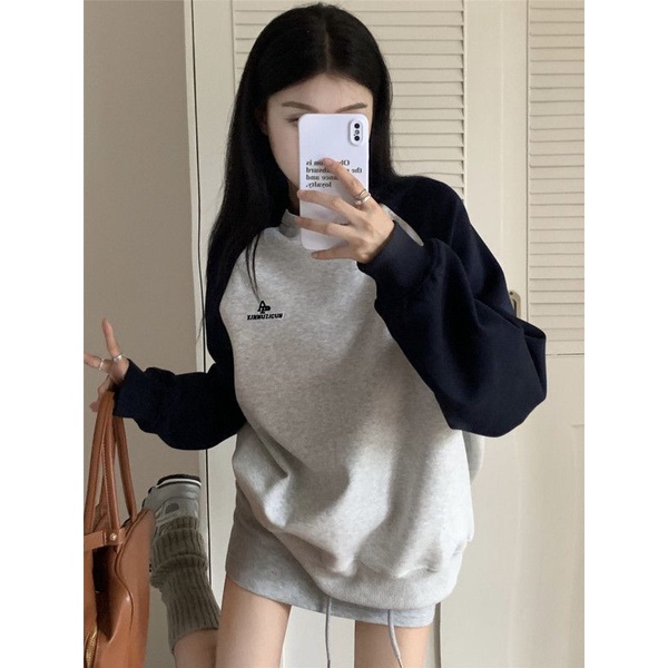 Áo sweater Tay Dài Dáng Rộng In Họa Tiết Màu Sắc Tương Phản Phong Cách Mỹ Thời Trang Mùa Thu Cho Nữ