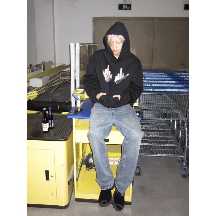 Áo Hoodie cotton In Hình Bàn Tay Giữa Thời Trang Đường Phố Mỹ Cho Cặp Đôi