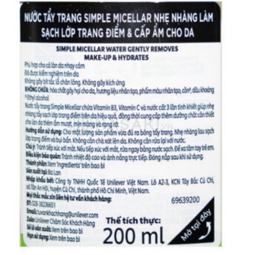 Nước tẩy trang Simple Micellar lành tính, làm sạch 99% trang điểm, cho da thoáng