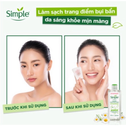 Nước tẩy trang Simple Micellar lành tính, làm sạch 99% trang điểm, cho da thoáng