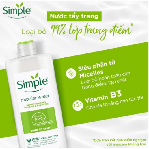 Nước tẩy trang Simple Micellar lành tính, làm sạch 99% trang điểm, cho da thoáng