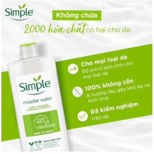 Nước tẩy trang Simple Micellar lành tính, làm sạch 99% trang điểm, cho da thoáng