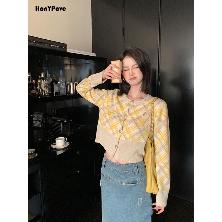Honypove Áo Khoác cardigan Họa Tiết Sọc Caro Phong Cách retro Mỹ