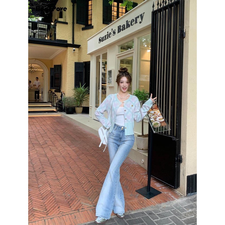 Honypove Áo Khoác cardigan Họa Tiết Sọc Caro Phong Cách retro Mỹ