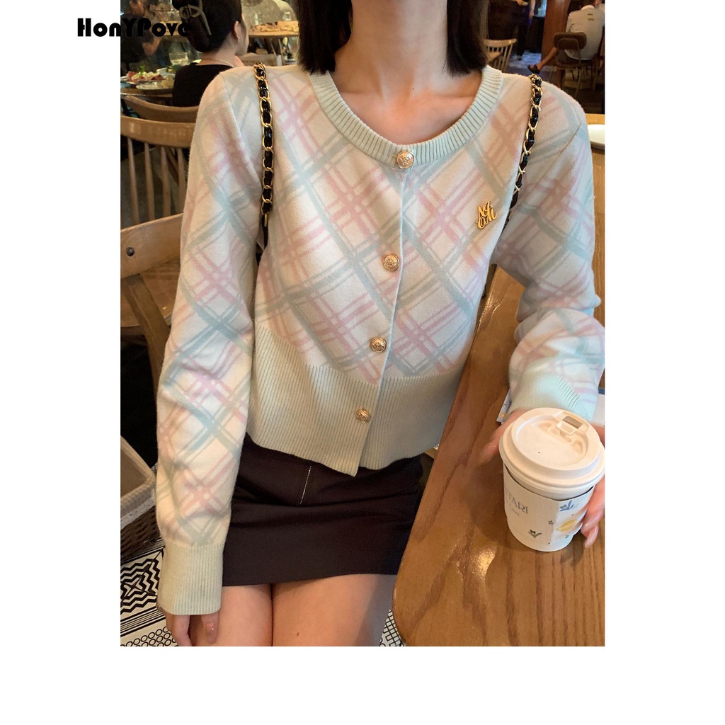 Honypove Áo Khoác cardigan Họa Tiết Sọc Caro Phong Cách retro Mỹ