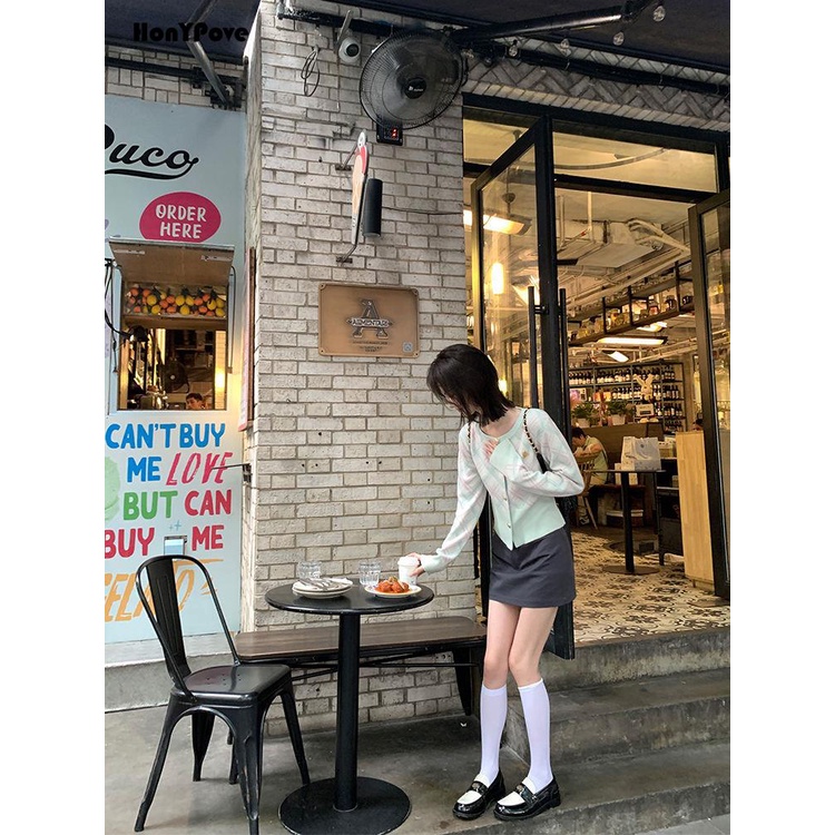 Honypove Áo Khoác cardigan Họa Tiết Sọc Caro Phong Cách retro Mỹ