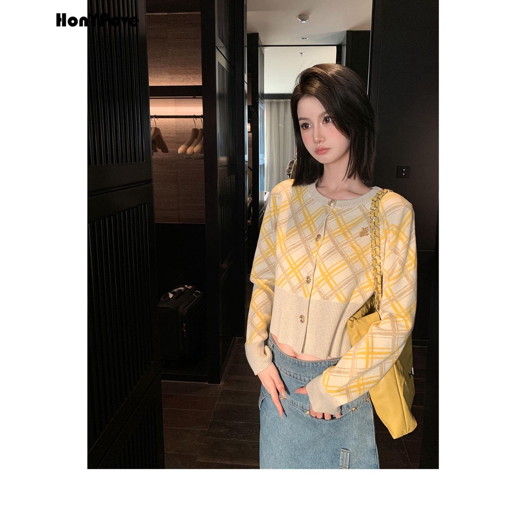 Honypove Áo Khoác cardigan Họa Tiết Sọc Caro Phong Cách retro Mỹ