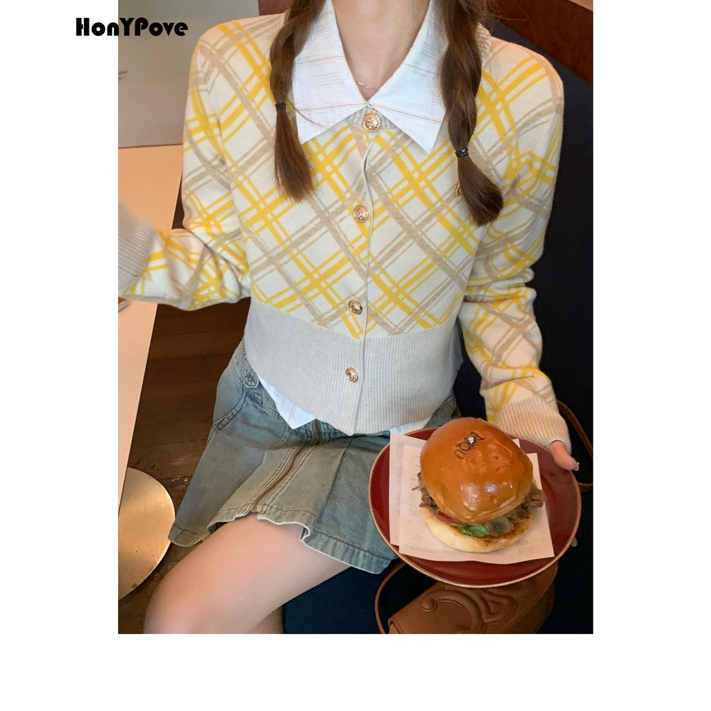 Honypove Áo Khoác cardigan Họa Tiết Sọc Caro Phong Cách retro Mỹ