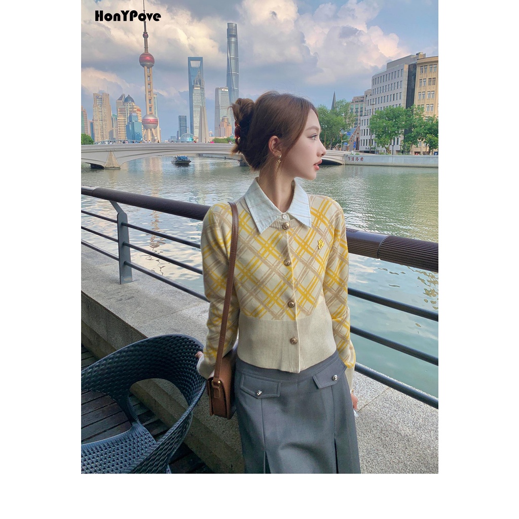 Honypove Áo Khoác cardigan Họa Tiết Sọc Caro Phong Cách retro Mỹ