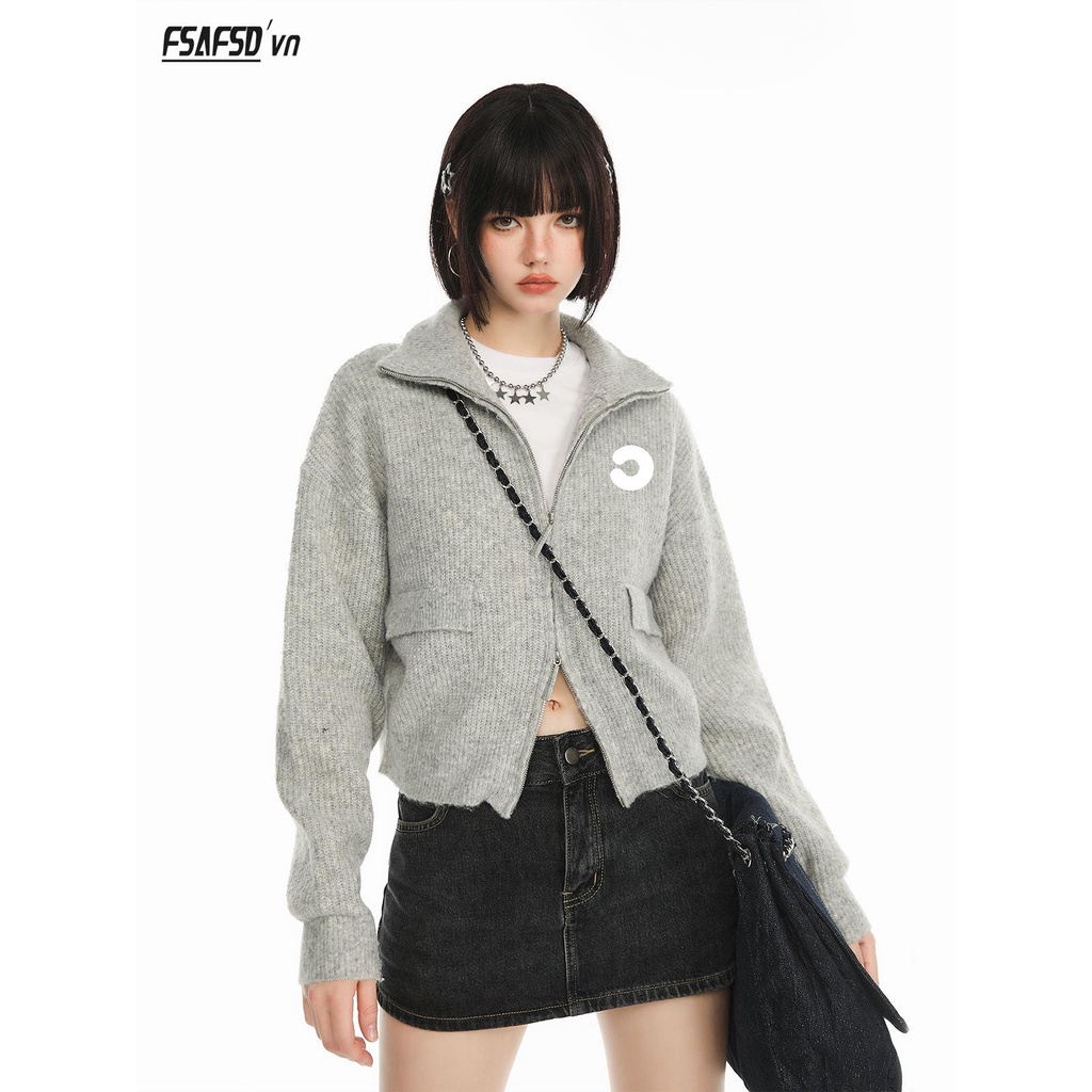 Áo Khoác cardigan Dệt Kim Phối Khóa Kéo Thêu Họa Tiết Phong Cách retro Mỹ