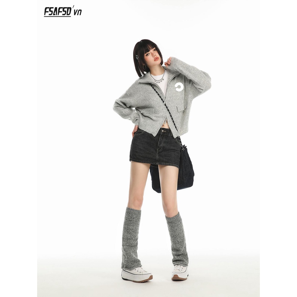 Áo Khoác cardigan Dệt Kim Phối Khóa Kéo Thêu Họa Tiết Phong Cách retro Mỹ