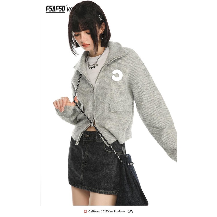 Áo Khoác cardigan Dệt Kim Phối Khóa Kéo Thêu Họa Tiết Phong Cách retro Mỹ