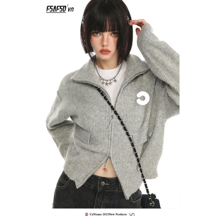 Áo Khoác cardigan Dệt Kim Phối Khóa Kéo Thêu Họa Tiết Phong Cách retro Mỹ