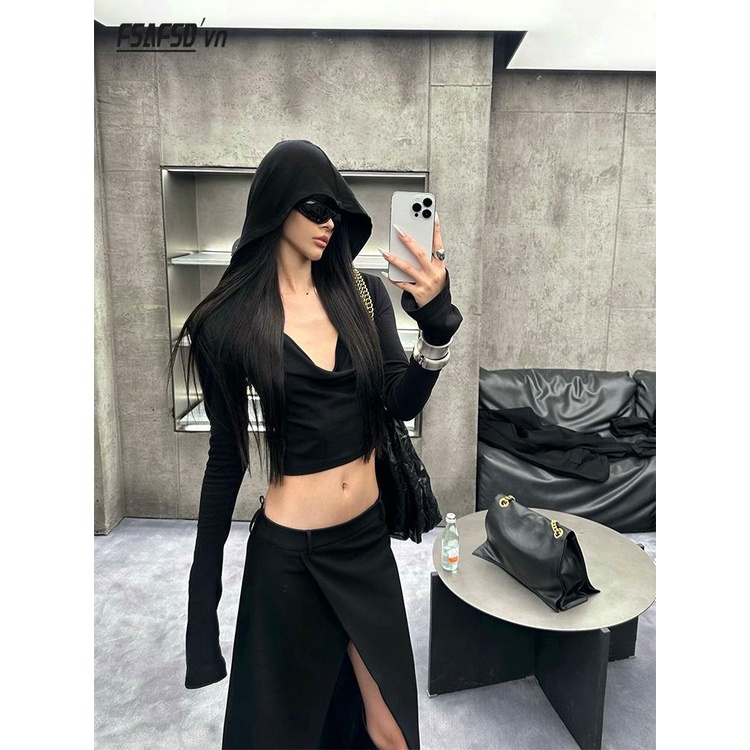 Áo Hoodie Croptop Tay Dài Màu Đen Phong Cách retro Mỹ