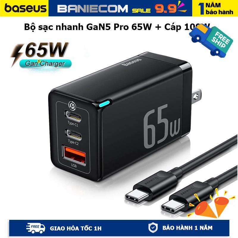 Bộ sạc nhanh 65W GaN5 Pro Baseus 2C1A sạc nhanh 65W đèn Led báo sạc, giao thức PPS QC4+ QC3.0 PD3.0... - BANIECOM