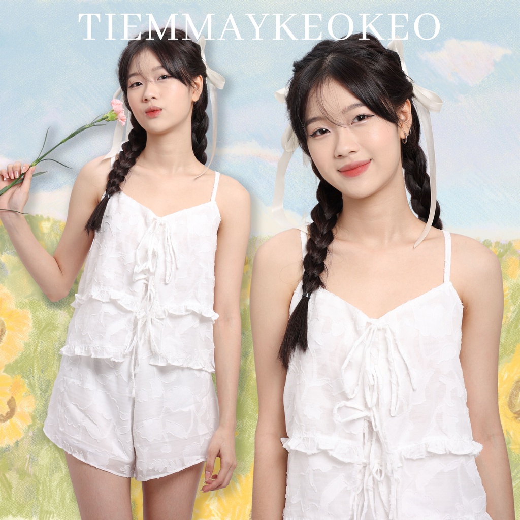 Set hai dây tơ organza hai lớp TIEMMAYKEOKEO bộ đồ hai dây bèo nhún buộc dây nơ xinh xắn thời trang nữ