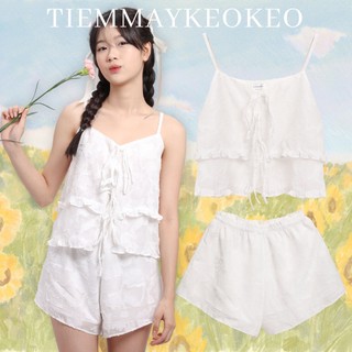 Set hai dây tơ organza hai lớp TIEMMAYKEOKEO bộ đồ hai dây bèo nhún buộc dây nơ xinh xắn thời trang nữ
