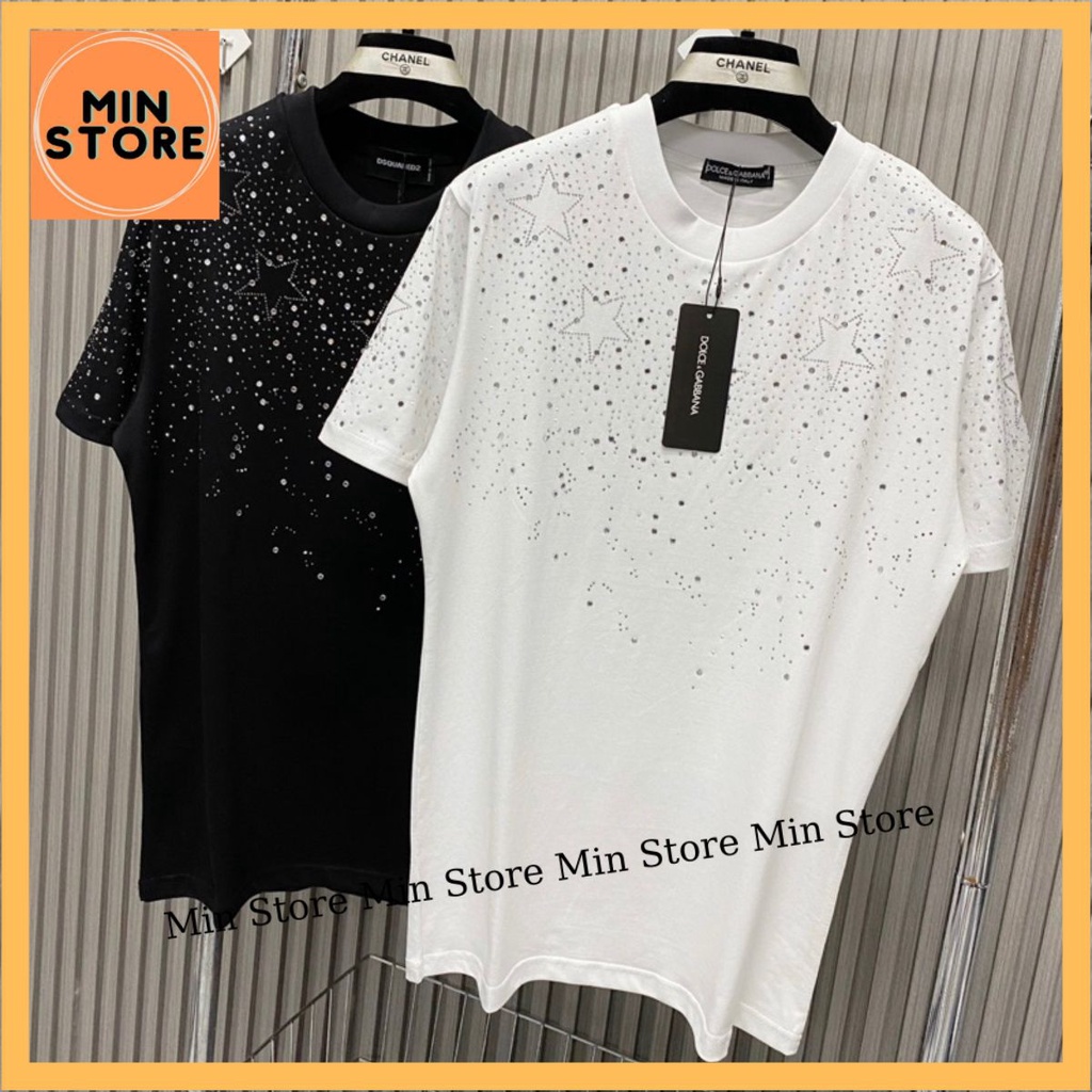 Áo Phông Nam Nữ Đính Đá Bạc Hình Ngôi Sao Mặt Trước Cổ Bo . Áo Thun Cộc Tay Siêu Cấp Cho Các Boy Phố Hót 2023