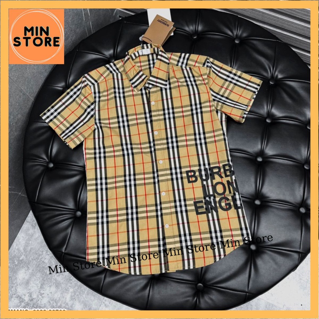Áo Sơ Mi Cộc Tay Burberry Nam Nữ Hoạ Tiết Kẻ Sọc Caro Màu Be In Chữ BBR London England Dành Cho Các Boy Phố Đi Chơi 2023
