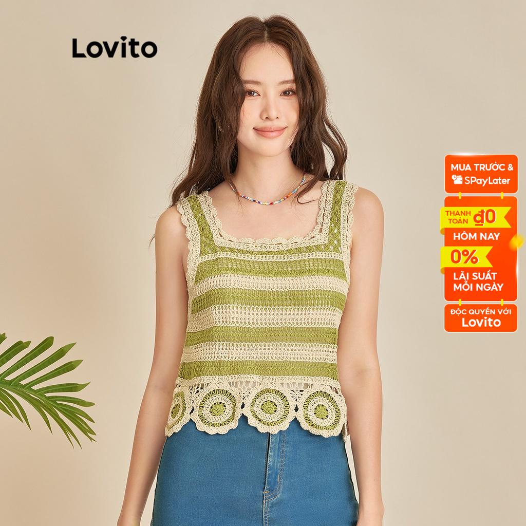 Lovito dệt kim cổ vuông dáng ngắn họa tiết kẻ sọc phong cách boho cho nữ L45ED068 (màu xanh lá)
