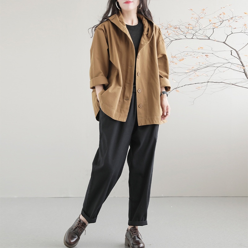 Áo khoác retro dài tay KAMAKA có mũ khuy cài hai túi đứng - NU9157