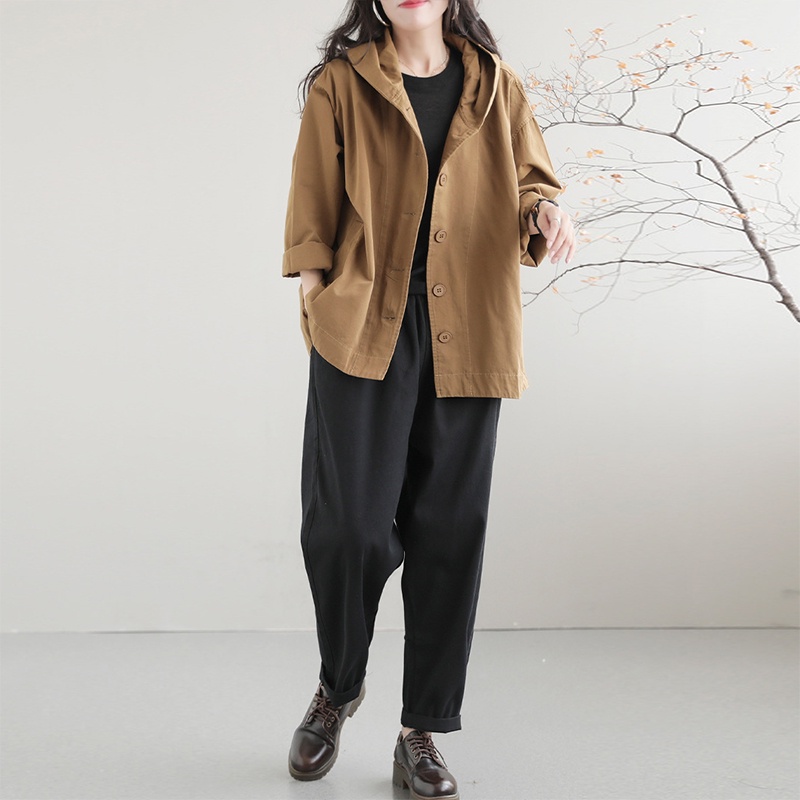 Áo khoác retro dài tay KAMAKA có mũ khuy cài hai túi đứng - NU9157