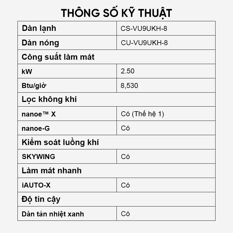 Máy lạnh Panasonic CU/CS-VU9UKH-8 - Một chiều - Inverter sang trọng Sky series