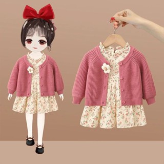 Set Váy Mùa Thu Dài Tay In Hoa + Áo Khoác Cardigan Phong Cách Hàn Quốc Thời Trang Thu Đông Dành Cho Bé Gái Mẫu Mới 2024