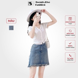 Chân váy jeans nữ Twentyfive dáng A ngắn 2 cúc gấu tua tua - Chân váy jean chữ A dáng ngắn 4760
