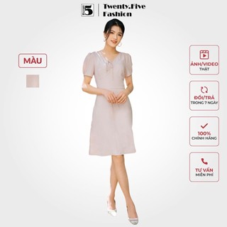 Váy chữ A midi tay ngắn thắt nơ cổ màu pastel - Váy dái dáng A phong cách trẻ trung, phù hợp đi chơi,đi làm SD11