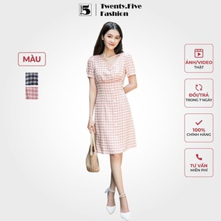 Váy chữ A TwentyFive cổ V vạt chéo cài cúc họa tiết kẻ caro - Váy chữ A đi chơi, đi làm SD92
