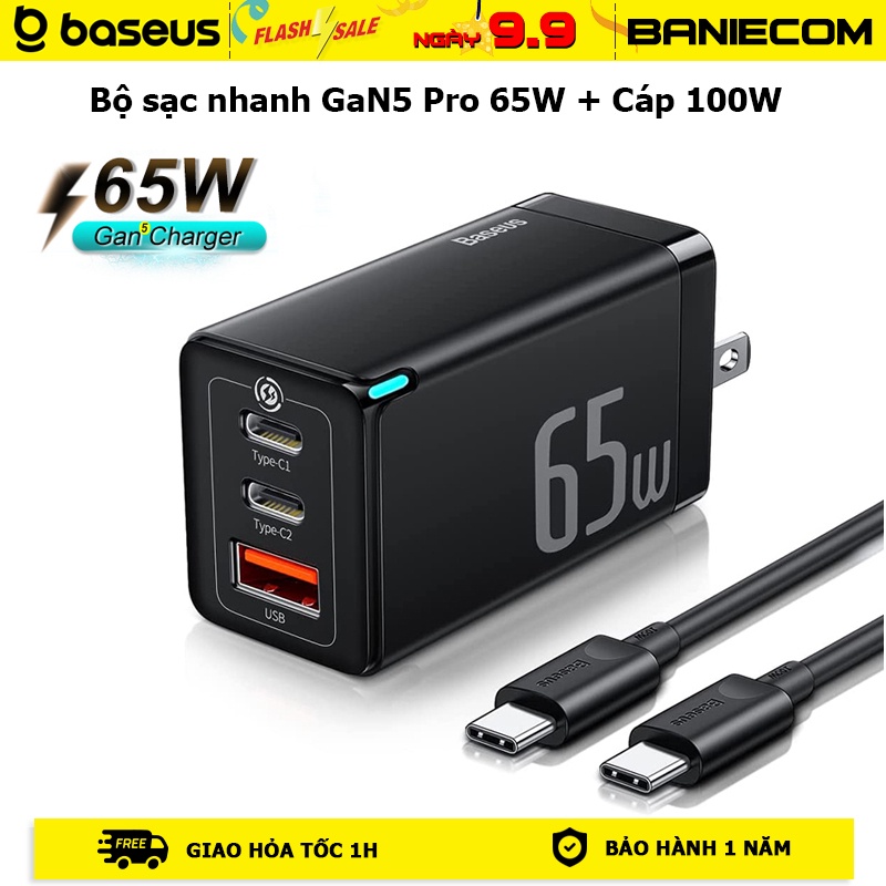 Bộ sạc nhanh 65W GaN5 Pro Baseus 2C1A sạc nhanh 65W đèn Led báo sạc, giao thức PPS QC4+ QC3.0 PD3.0... - BANIECOM