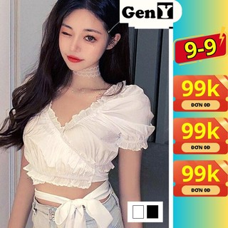 Áo tiểu thư kiểu nữ đắp chéo nơ eo geny, áo croptop cổ v bèo thân buộc nơ siêu xinh -v8-