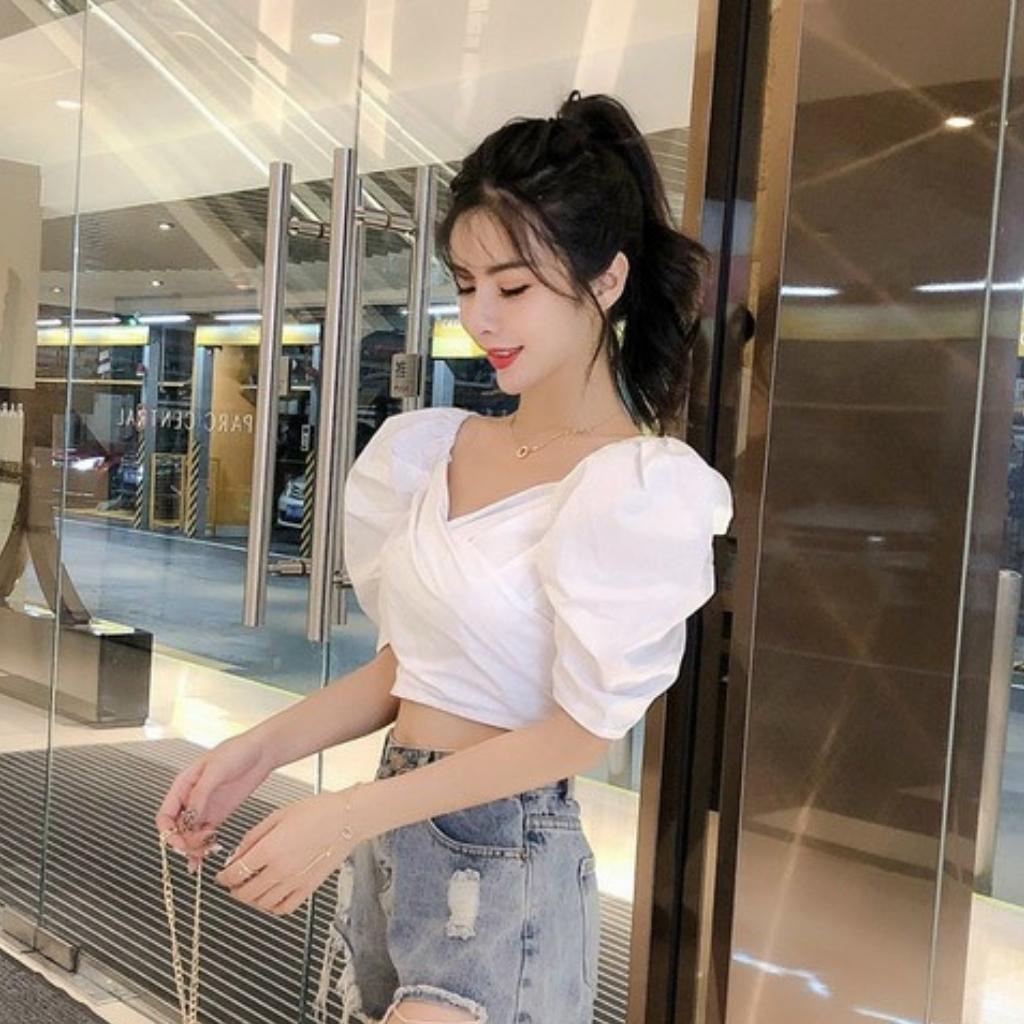 Áo croptop nữ tay phồng nhúng sau lưng ôm dáng GenY, Áo kiểu nữ đắp chéo ngực phong cách tiểu thư -C17-