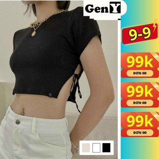 Áo Croptop Nữ Trơn Basic Buộc Dây Hai Bên GenY Áo Kiểu Nữ Cổ Tròn Chất Thun Gân Mịn Siêu Xinh