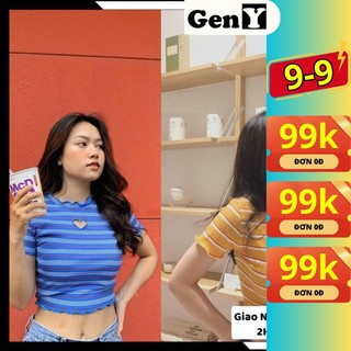 Áo Croptop Ngắn Tay Nữ GenY Khoét Tim Sọc Nhiều Màu Chất Thun Gân Co Giãn Tốt