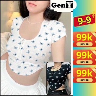 Áo Croptop Ngắn Tay Vạt Bầu Hoạ Tiết Bướm Nhí