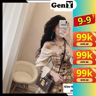 Đầm trễ vai dáng xoè tay dài, váy nữ dáng xòe GenY họa tiết caro phối tay bồng mặc được 2 kiểu xinh xắn