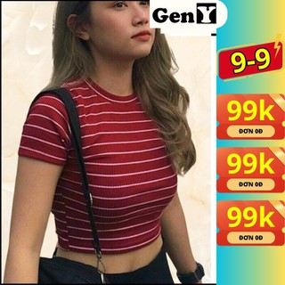 Áo Thun Nữ Sọc Ngang Basic Nhiều Màu GenY Áo Croptop Nữ Ngắn Tay Cổ Tròn Chất Thun Gân Mịn