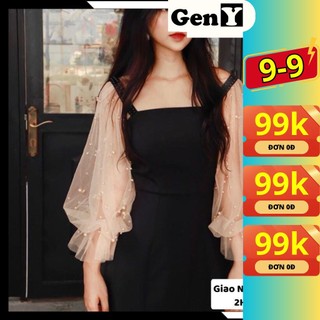 [HÀNG LOẠI 1] Đầm Dự Tiệc Trắng Dáng Xoè GenY Tay Phồng Phối Lưới Kết Hạt Siêu Xinh