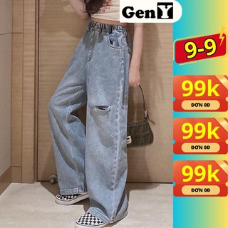 Quần jean lưng chun ống rộng rách gối GenY, Quần jean ống rộng cạp cao siêu hack dáng phông cách Hàn Quốc
