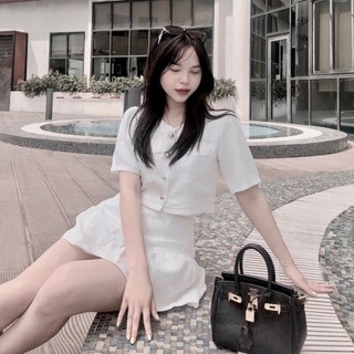 Set váy croptop dạ chân cáy dáng xoè bồng áo có túi